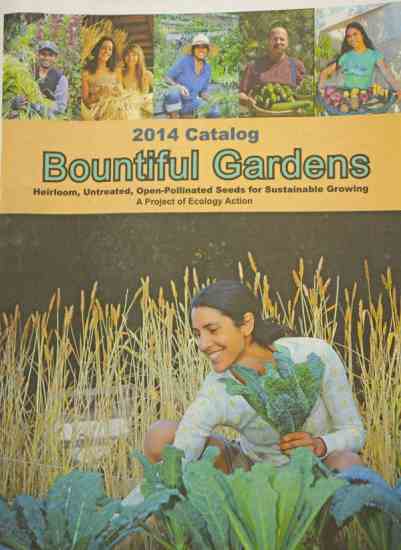 
The 2014 Bountiful Gardens catalog contains heirloom, untreated, open-pollinated seeds for sustainable growing. Bountiful Gardens is a project of Ecology Action, a not-for-profit dedicated to ending world hunger by teaching sustainable agriculture. www.BountifulGardens.org 
